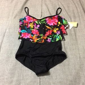 NWT Black swim suit with tropical floral ruffles